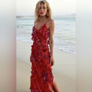 Rat & Boa Red Floral Ruffle Maxi Dress